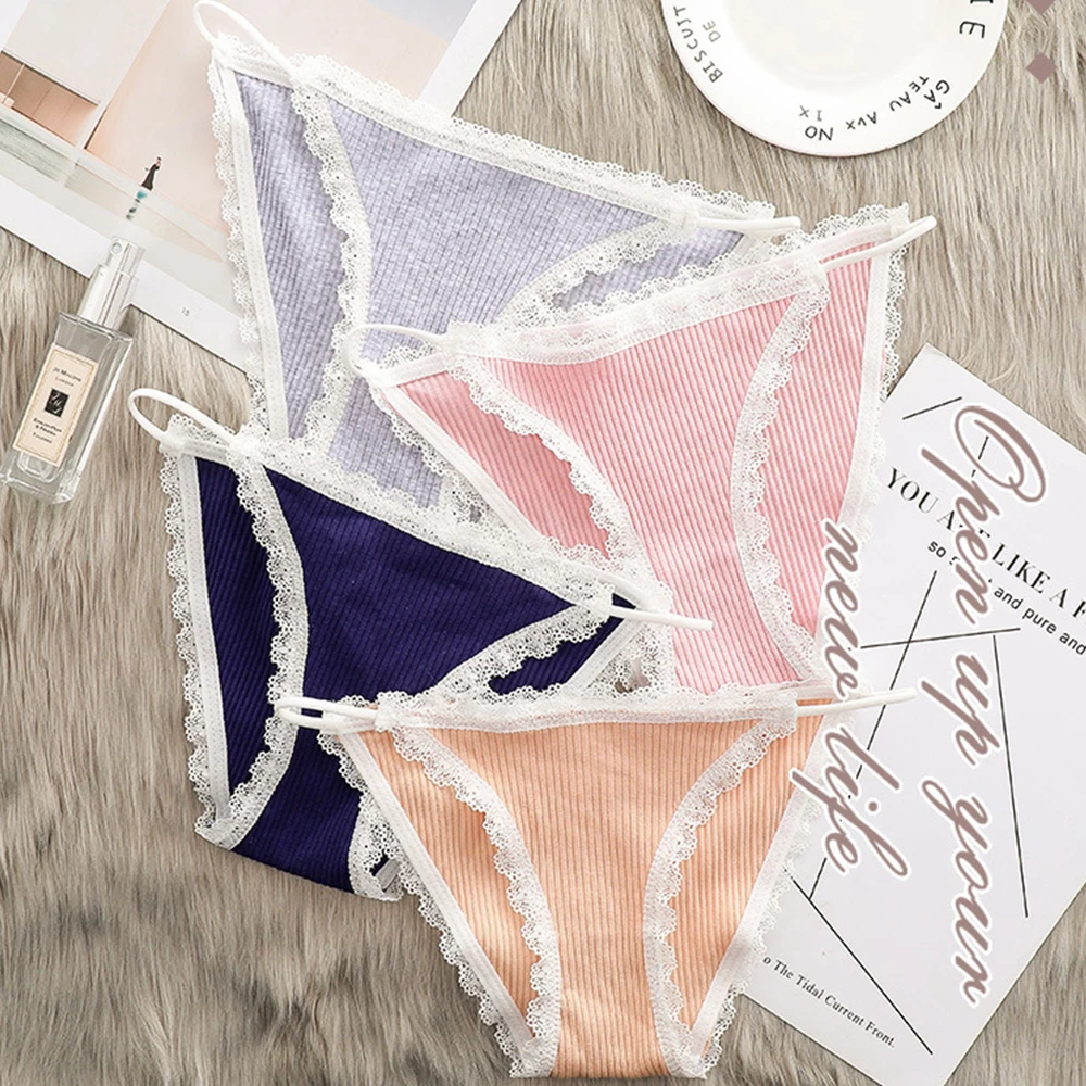 

Loli Girl Panties Lace Side Screw Thread Cotton Underwear Briefs Comfortable Panties Student Striped Thin Belt Underpants