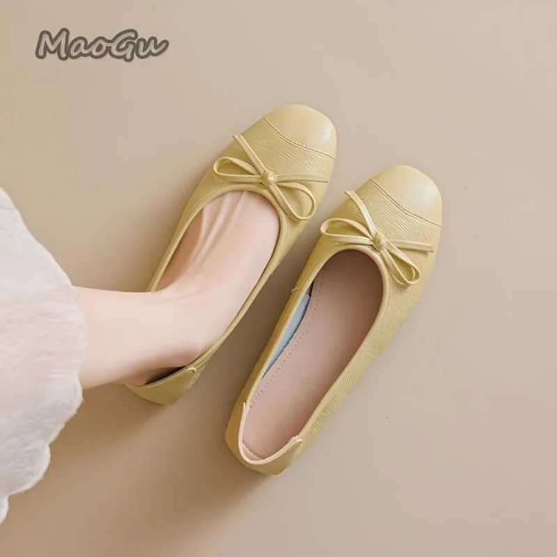 Elegante bowknot bailarina apartamentos femininos dedo do pé redondo sola macia confortável deslizamento-em senhoras mocassins de couro único mules sapatos size35