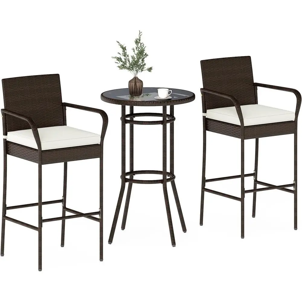 

3 Piece Outdoor Bar Set, Patio Rattan Heavy Duty Bar Height Glass Top Table & Chairs w/ 2 Cushioned Barstools, or Porch, Yard, P