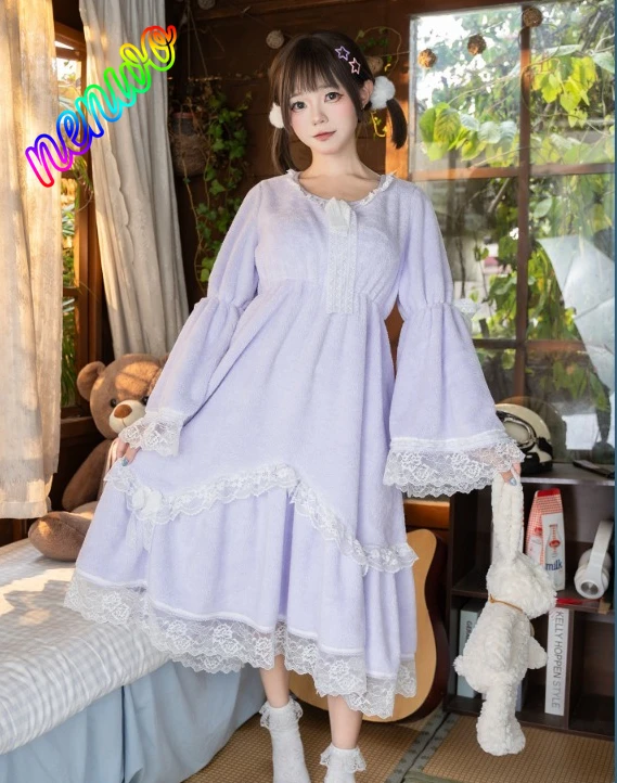 

Elegant Sweet Lolita Women Chest Padded Cotton Cute Princess Long Sleeve Lace Nightdress Fashion New Loose Crew Neck Bow Dress