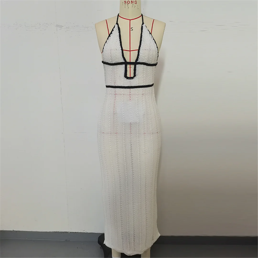 Tiefes V-Ausschnitt-Design, rückenfreies, gehäkeltes, gestricktes Tunika-Strandkleid, Strandmode, Damen-Strandkleid, Strandüberwurf, Damen V7219 – Detail 8