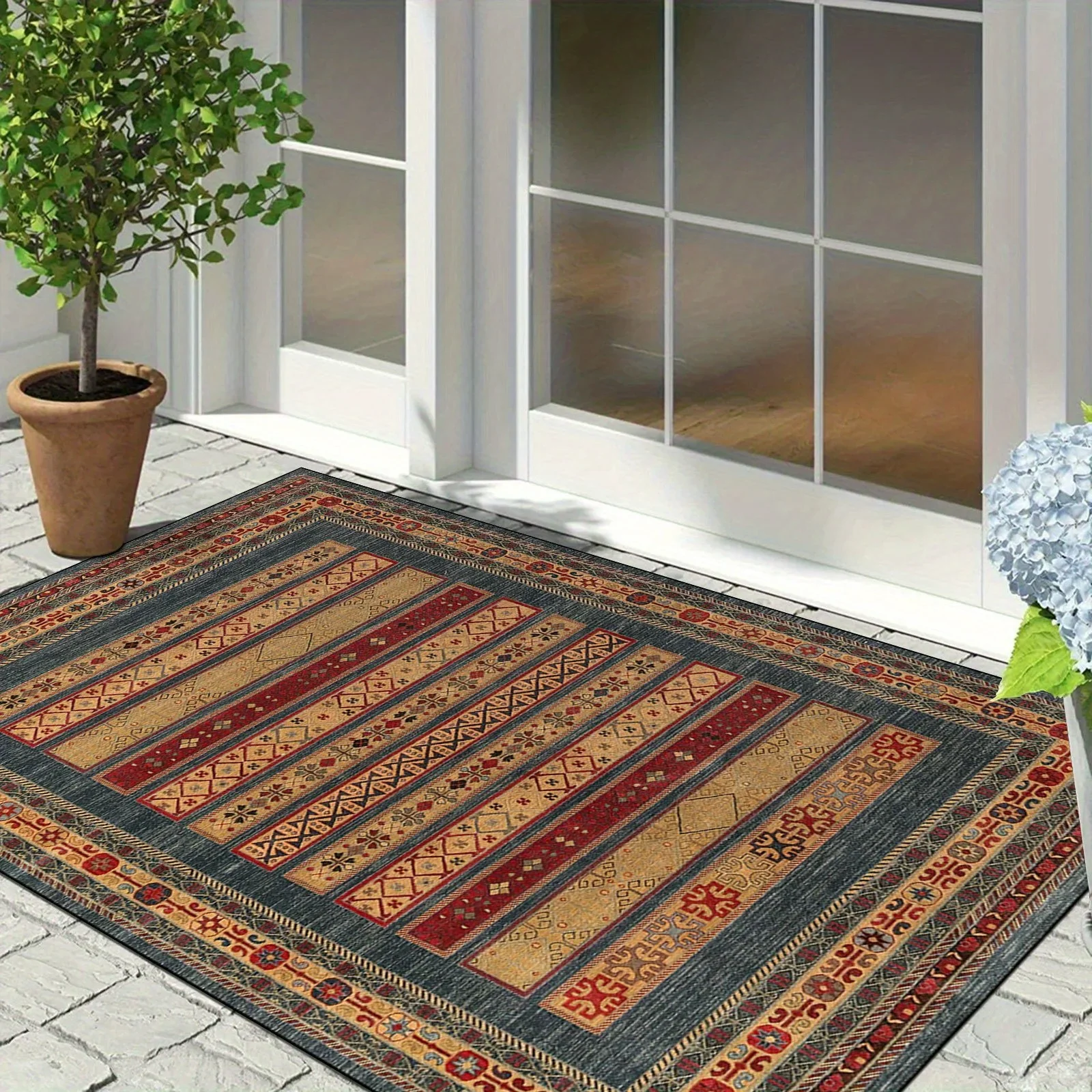 Vintage Geometric Area Rug Bohemian Striped Floor Mat Non-slip Carpet for Living Room Bedroom Hallway Home Decor