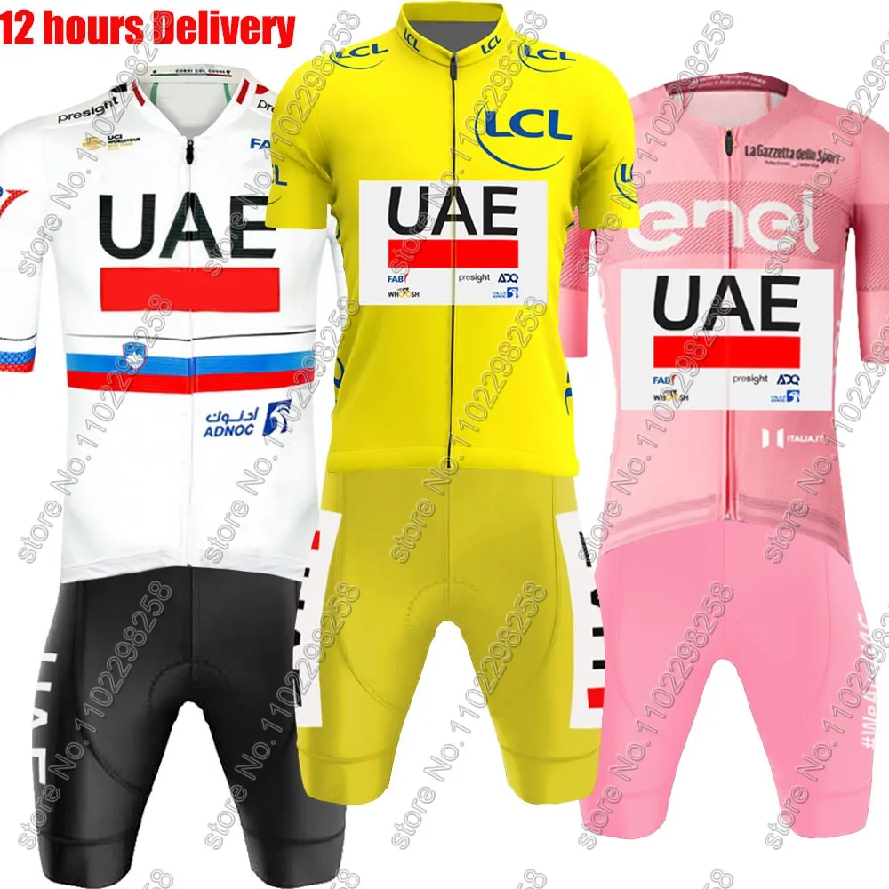 

TDF UAE Cycling Jersey 2024 Yellow France Tour Set Slovenia Pink Clothing Men Road Bike Shirts Suit Bicycle bib Shorts MTB Ropa