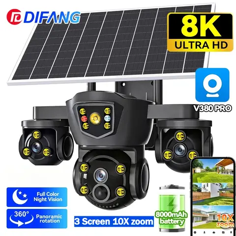 V380 Pro WiFi Camera DIFANG V380 Pro WiFi Wireless Solar Camera Three Screen Outdoor 4G Sim Card Solar CCTV Three Lens Battery Solar Security Camera