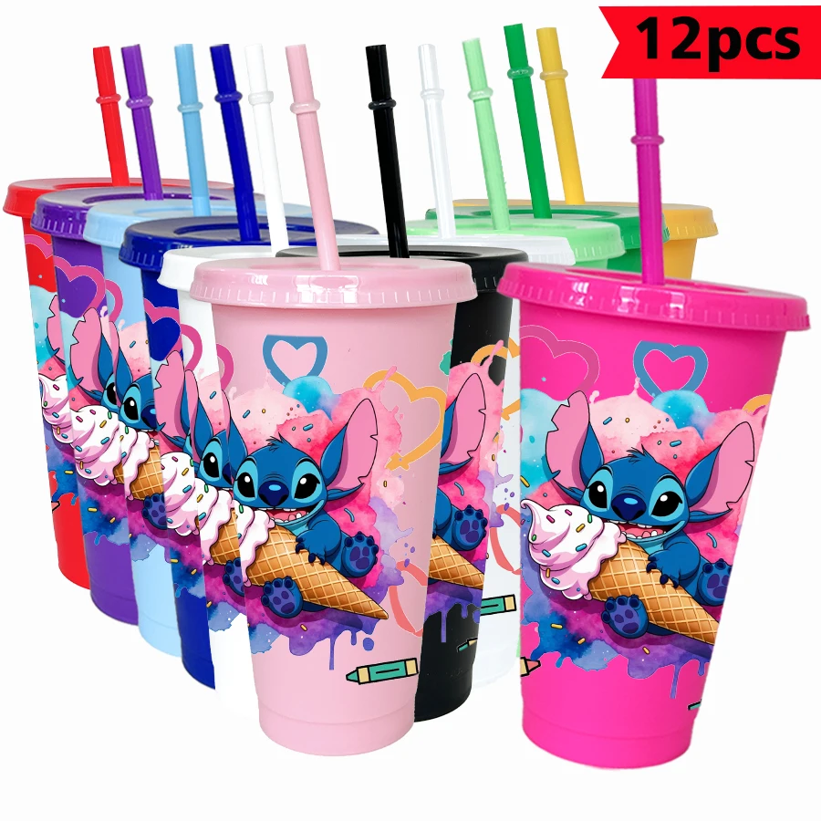 12 unids/pack Disney Stitch helado estampado 26oz vaso de plástico colorido fiesta de cumpleaños vasos jugo taza de café