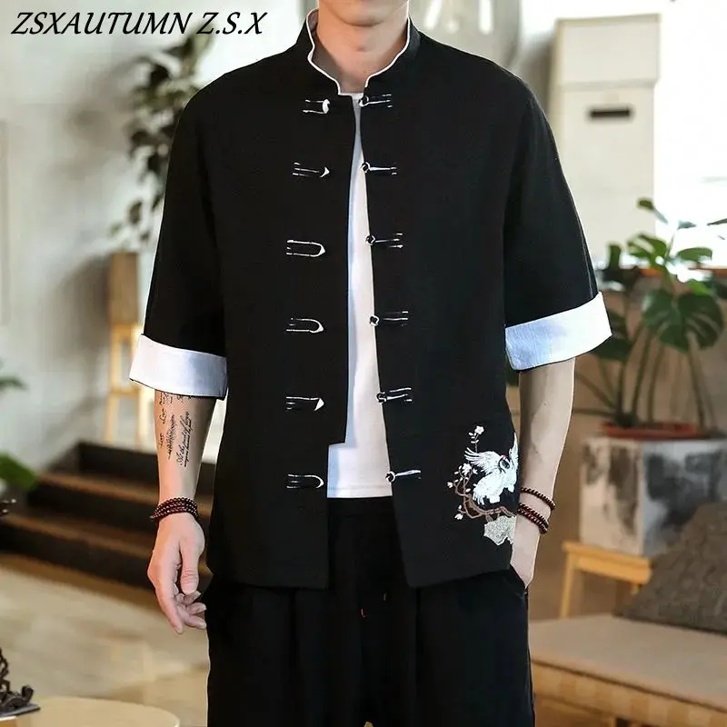 Summer Crane Embroidery Top Traditional Chinese Clothing for Men Vintage Half Sleeve Linen Shirts Madarin Collar Hanfu Kungfu