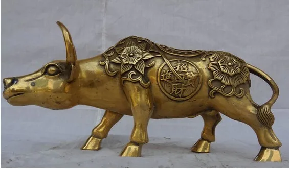 

11" Chinese Brass Folk Animals Year Zodiac FengShui Wealth Flower Bull Ox Statue