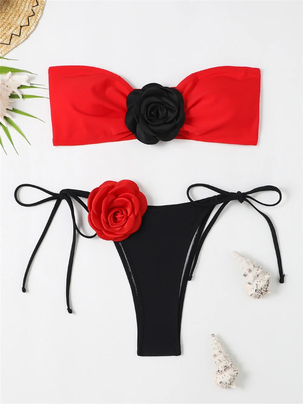 RED Bandeau Swimsuit Micro Bikini Extrem Black Flower HOT Sexy Push Up Swimwear Women Beach Bathing Suit Tangas Biquini Feminino