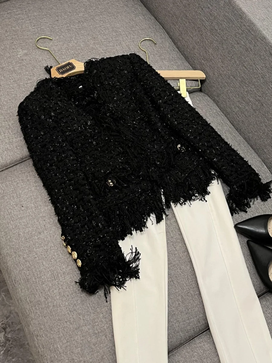 

Bla Bouclé Oversize Cardigan Women's Jaet with Tassel Trim Decorative Commute Sle Long Sve Zipper Closure Coat