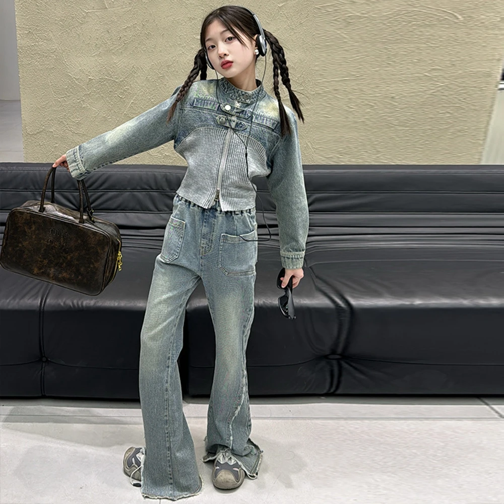 Teen Girls Clothes Set Autumn Design Knitted Spliced Denim Jacket+Boot Cut Jeans 2pcs Kids Bell-bottoms Pants Suit Child Outfits