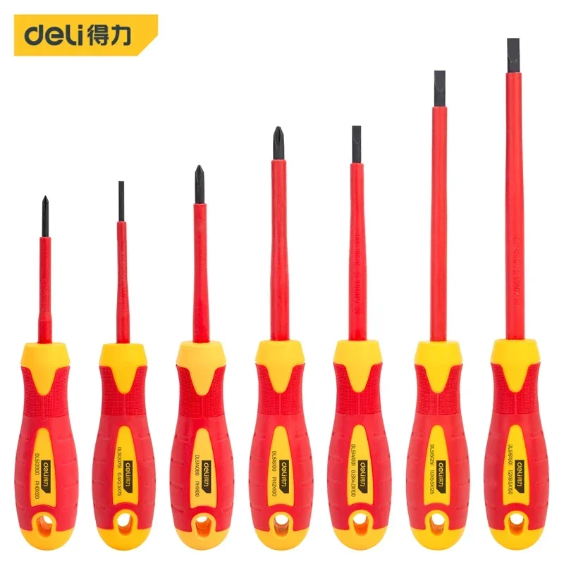 

Deli Electrician Repair Tools Kit 5/7/12pcs 1000V Insulated Screwdrivers Set with Magnetic Slotted Phillips Pozidriv Torx Bits