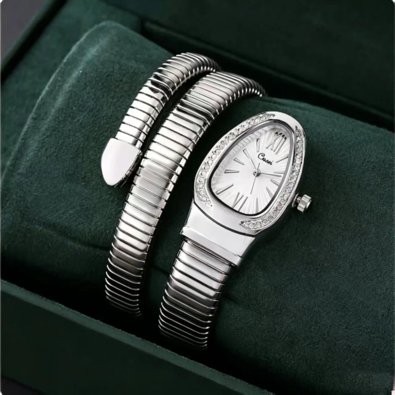 

Women Snake Wrap Bangle Watch Rhinestone Bezel Sunburst Dial Flexible Coil Band Quartz Luxury Dress Wristwatch