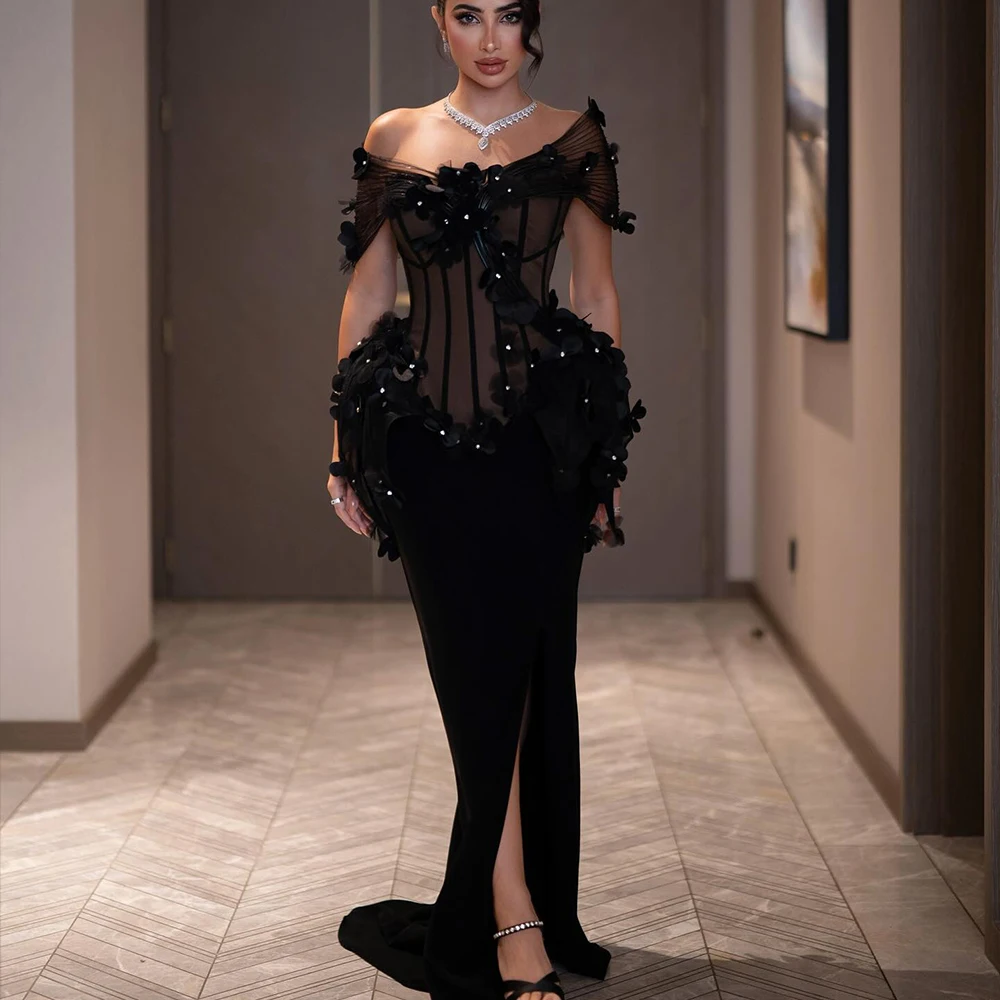 

Luxury Black Prom Dresses Off Shoulder Sleeveless Mermaid Evening Dress Flowers Slit Birthday Party Customized robes de soirée
