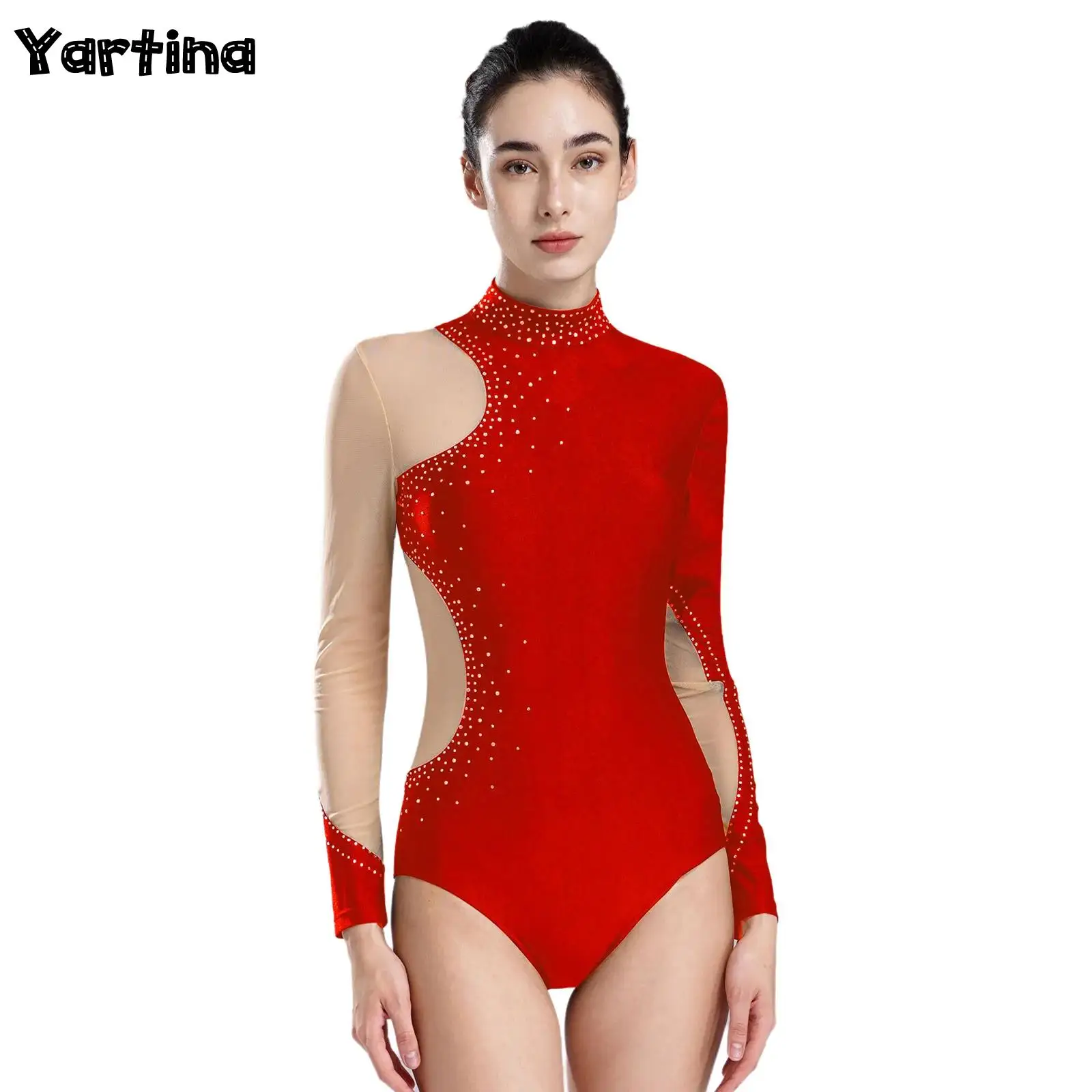 Womens Glittery Rhinestones Gymnastics Figure Skating Ballet Jersey Unitards Leotard Jumpsuit Sheer Mesh Long Sleeve Bodysuit