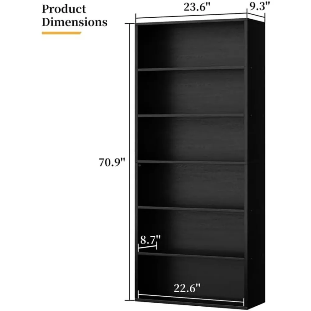 6-Tier Open Bookcase, 70.6" Tall Display Shelves, Floor Standing Storage for Home Office, Living Room (Black) view 3