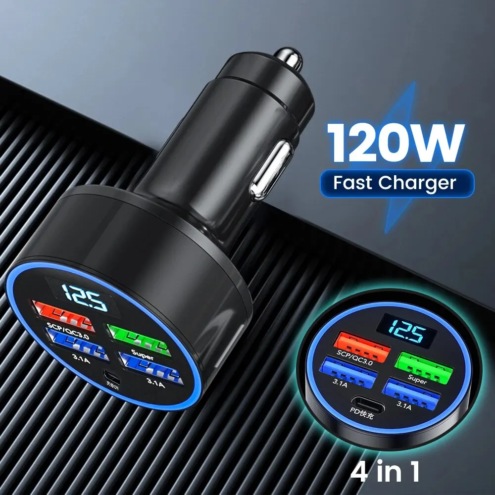 PD100W Car Charger QC3.0 Fast Charge One to Four Car Cigarette Lighter Plug 5 Port Car Charger Flash Charge