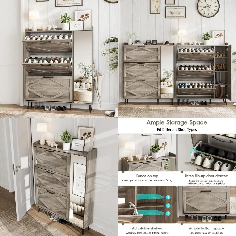 

Отдельно стоящий деревянный органайзер для обуви с 3 ящиками, зеркальный верх, тонкий дизайн для эффективного хранения