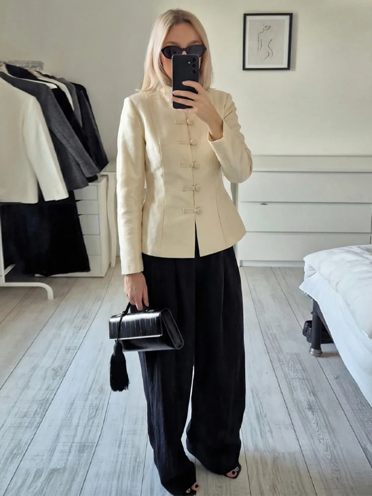 

Elegant Frog Buttons Waist-cinching Coat Lady Vintage Stain Stand Sleeve Solid Jacket Coats Women New Spring Chic Street Outwear