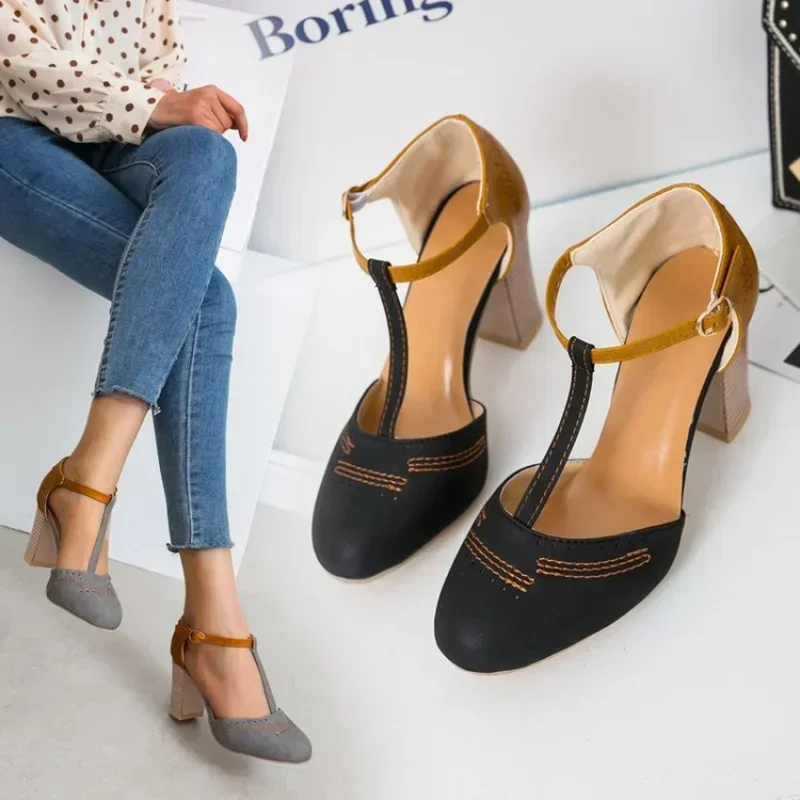 Women Retro Round Toe Color Blocking High Heels Sandals Female 2024 Spring Summer New Fashion Pumps Buckle Platform Shoes 35-43