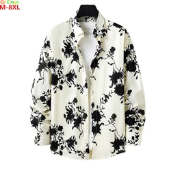 White Long-sleeved Cotton Shirt,Men's Single-breasted Square Collar Black Printed Shirts Fashion Casual Tops Camisa Male Chemise