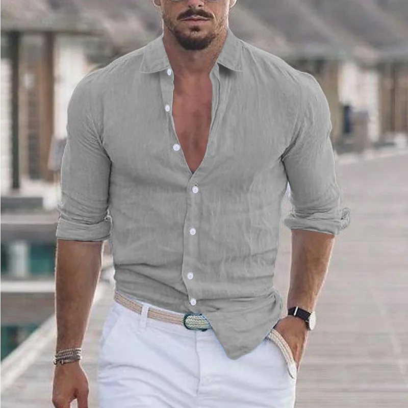 Men's Summer Cotton and Linen Lapel Shirt Long-sleeved Solid Color 2025 New  Clothing