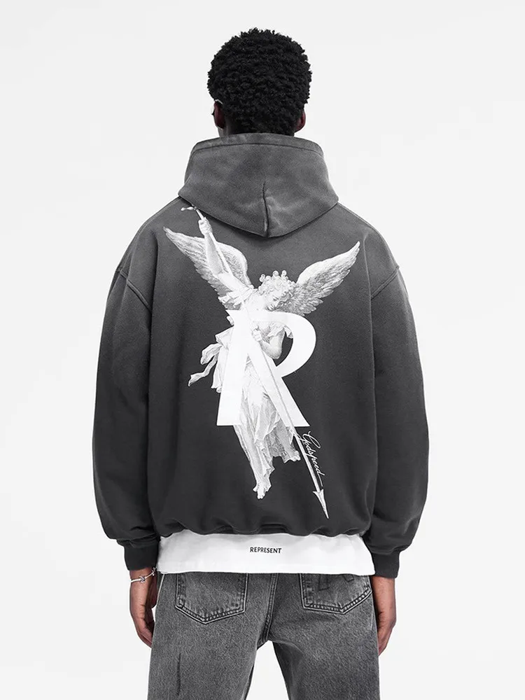 

Retro Waed American Sle Angel Print Loose Fit Cotton Hoodie Men's Autumn Comfortable Casual Sweatirt Youth Faion
