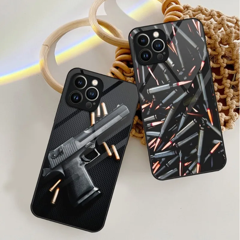 AK47 Handgun Gun BUllets Phone Case Tempered Glass For IPhone 15 14 11 12 13 Pro XS Max Plus Mini X XR 8 7 6s SE2020 Cover