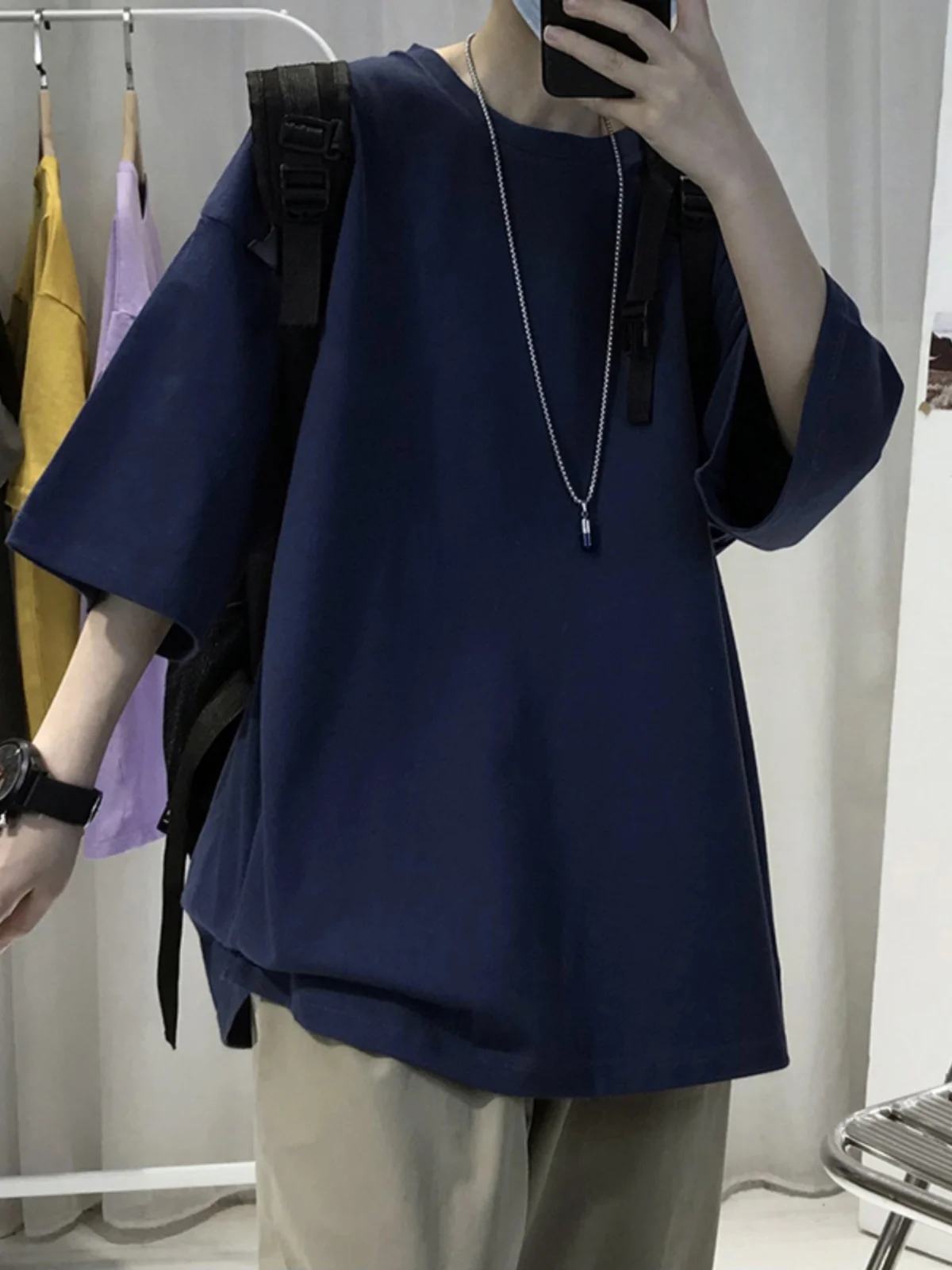 

Heavyweight Royal Blue ort Sve T-irt Men's American Retro 7/8 Sve Pure Cotton Summer ex f Sve Tee