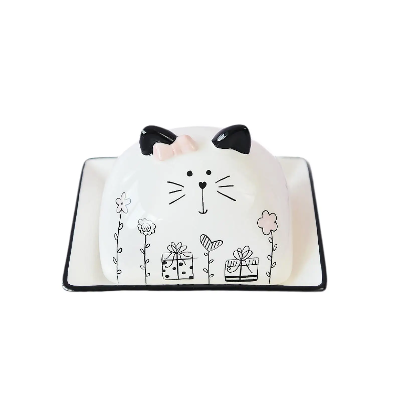 Porcelain Covered Butter Dish Cute Cat Design Ceramic Butter Keeper Butter Storage Container for Kitchen Dining Gifts