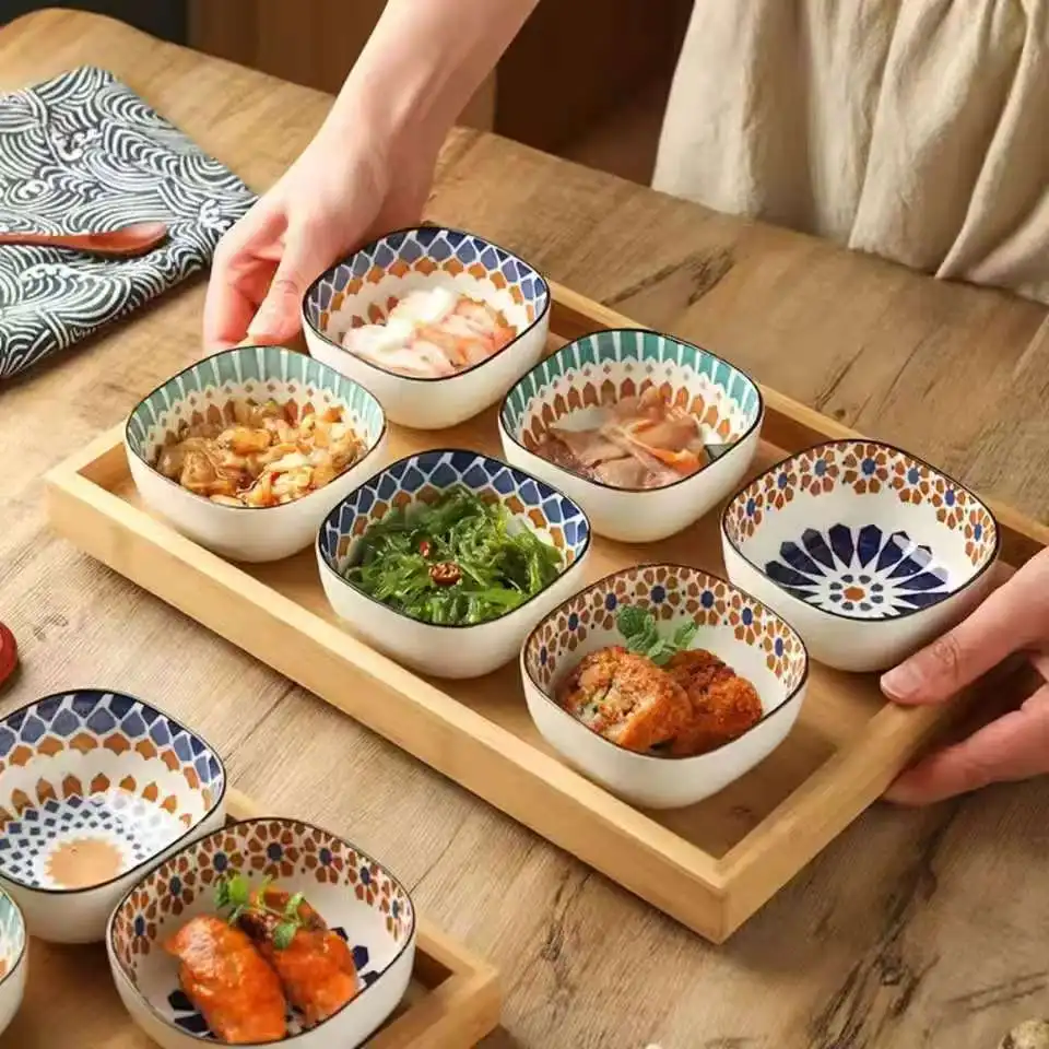 6pcs Japanese Ceramic Square Sauce Plates Underglaze Sushi Dishes Sauce Mustard Bowls Appetizer Plates