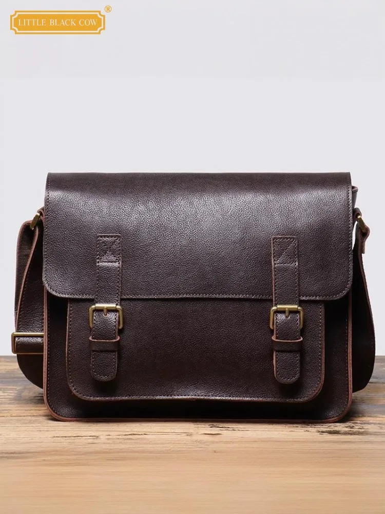 Mens Messenger Bag Handmade Cowskin Genuine Leather Handbag Vintage Office Men Business Satchels Flap Casual Single Shoulder Bag