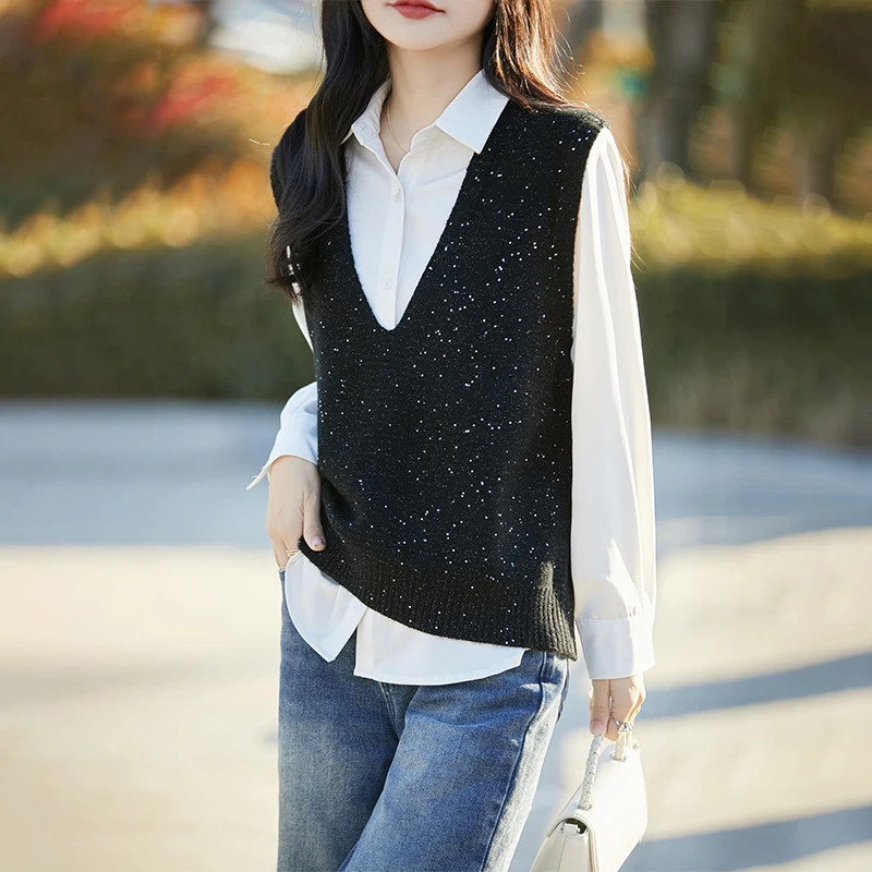 Classic Big V Collar Australian Wool Vest Women's knitting NEW Pullover Sequin decoration Sleeveless High quality Loose Tops