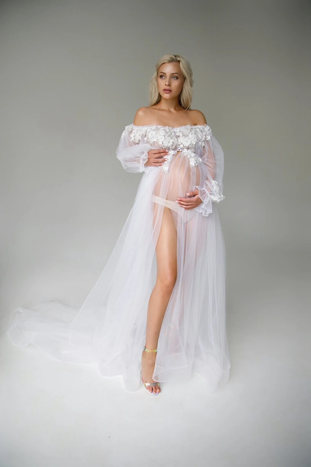 

Sheer Tulle Maternity Dresses Off Shoulder Hand Made Flowers Lace Applique Pregnant Women Gown Open Front Bridal Robes Dressing