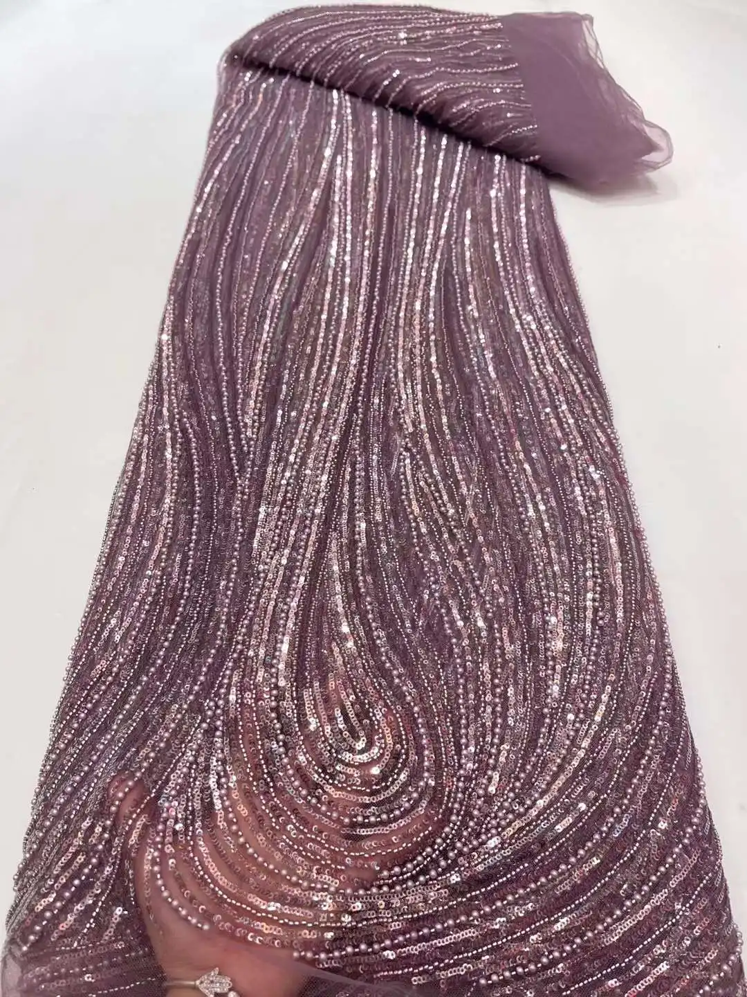 

SU001 Latest Gorgeous Grey African Handmade Beads Laces Fabrics Luxury Nigerian Sequins Mesh Lace Fabric For Party Dress