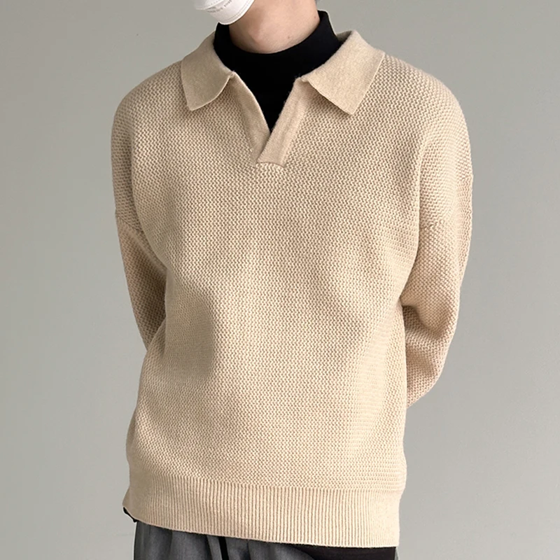 Herbst Winter Koreanischen Stil männer Revers Polo Shirts Pullover Pullover Vintage Lose Innere Layered V-ausschnitt Strickwaren Pullover Jumper – Detail 10