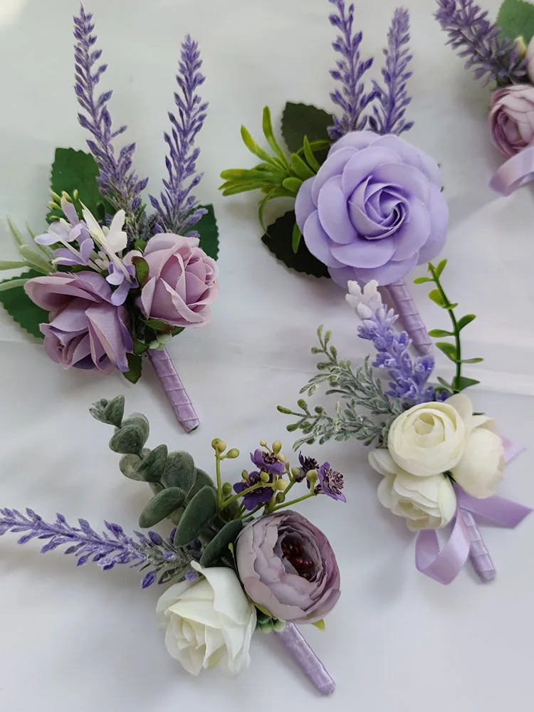 Purple Boutonniere Wedding Accessories Buttonhole Men Bride Bridesmaid Lavender Artificial Flowers Prom Corsage Table Decoration