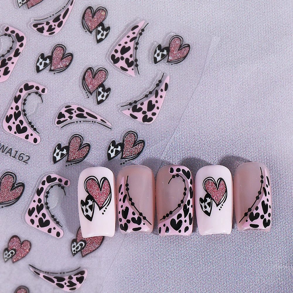 1 pz adesivi per unghie cuore amore stampa leopardo francese glitter rosa San Valentino cuore d'amore decalcomanie per unghie decorazione manicure cuore fai da te