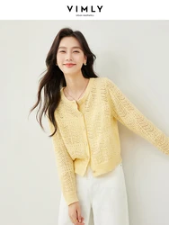 Vimly Yellow Hollow Out Cropped Knitted Cardigan Wool Blend Soft Knitwear 2024 Spring O-neck Single Breasted Thin Tops 72779