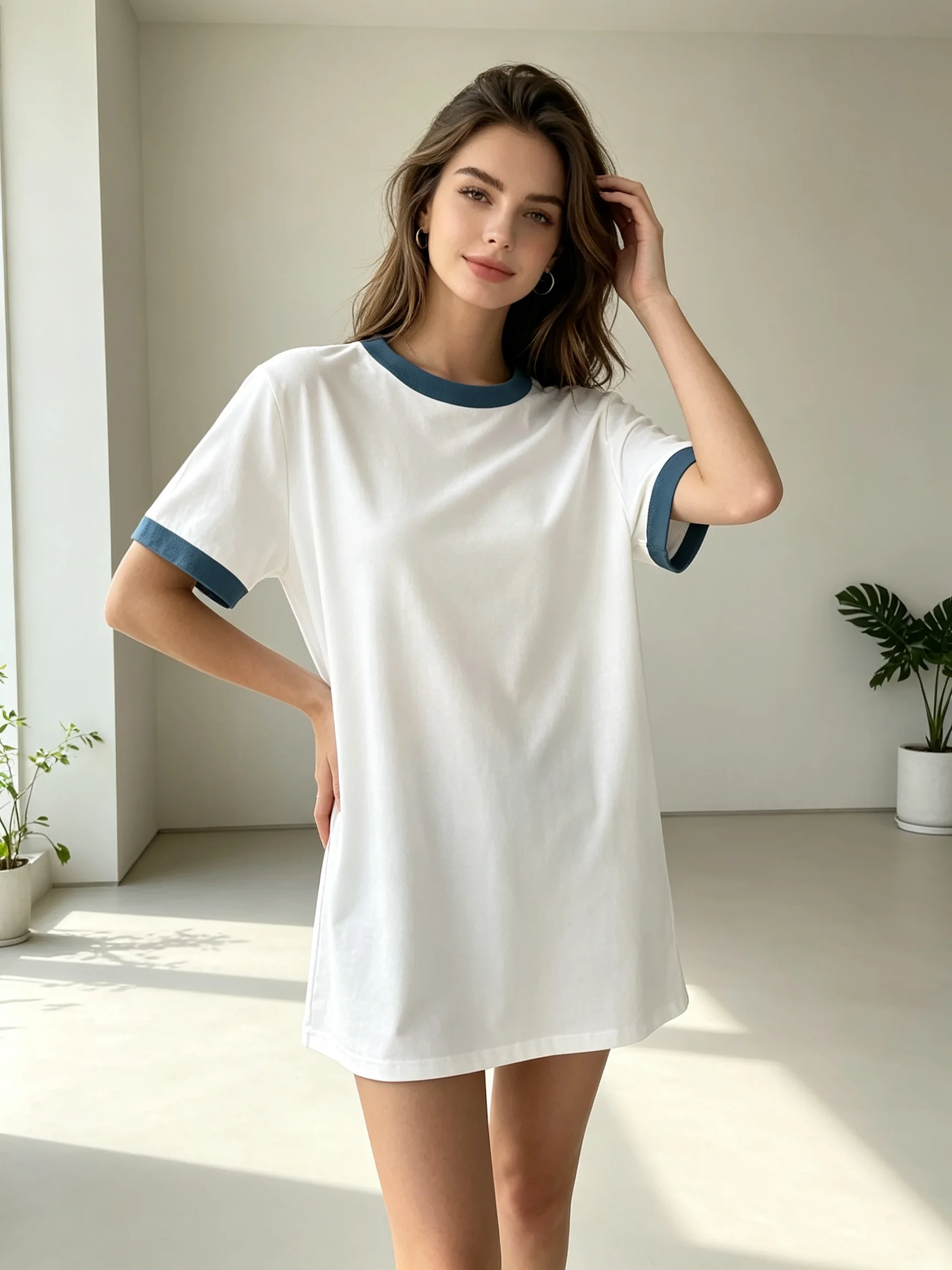 Women's Colorblock T-Shirt Crew Neck Short Sleeve Loose-Fit Soft Cotton Blend Cream & Navy Casual Streetwear for Daily Wear