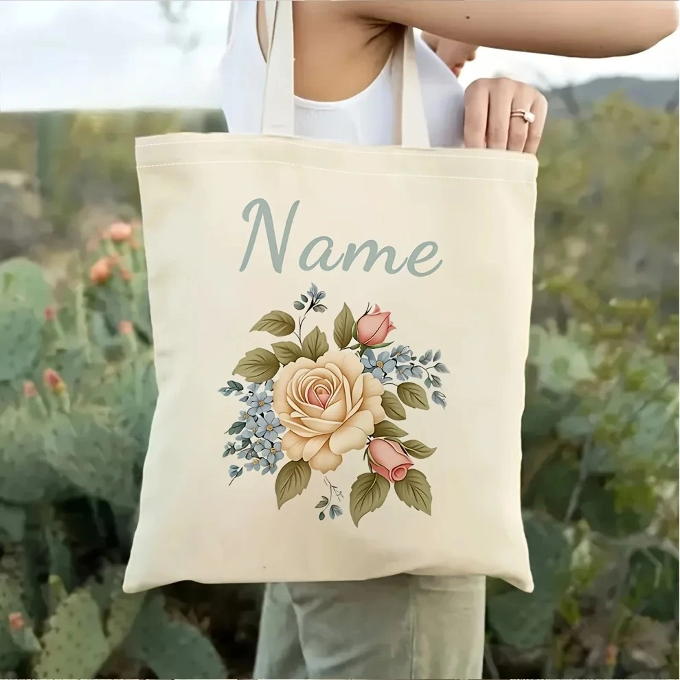Vintage Floral Rose Canvas Tote Shopping Bag Customizable Name Print Reusable Shoulder Bag For Daily Use