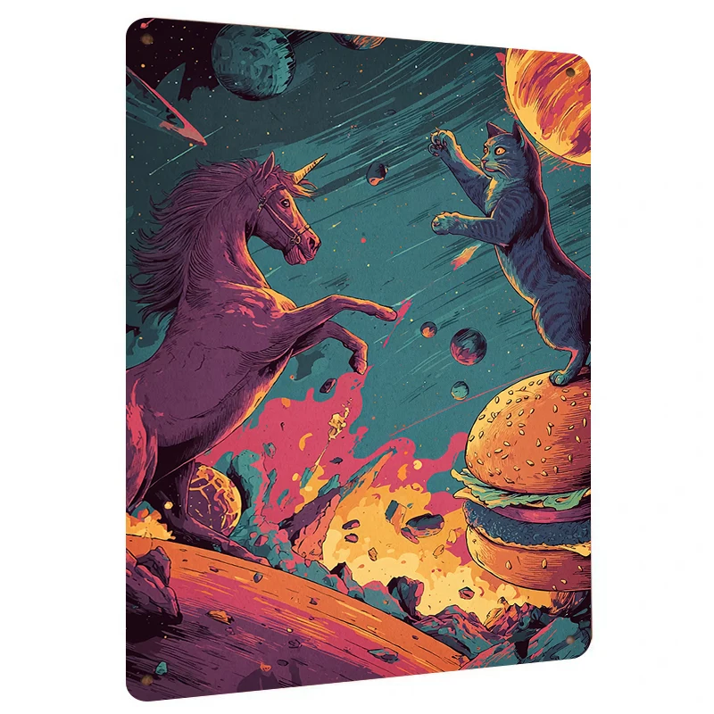 Cosmic Unicorn vs Cat Metal Wall Art Custom Space Burger Print Decor for Home Office