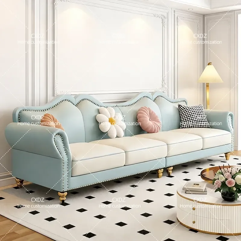 Cream Style High End Villa Simple Combination Leather Sofa Household Color Matching Straight Row Sofa