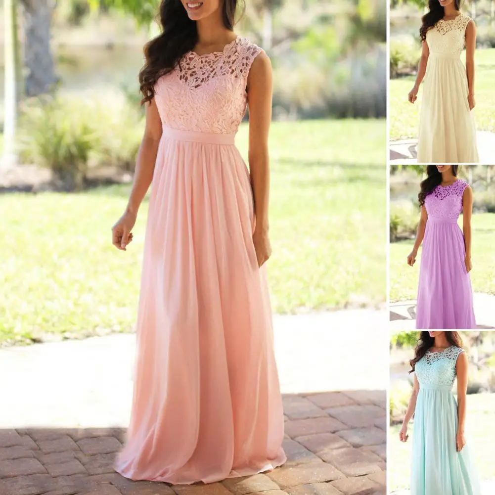 

O-neck Waist Tight Sleeveless Draped Chiffon Dress Elegant Crochet Vintage Lace Patchwork Long Dress Wedding Party Maxi Dress