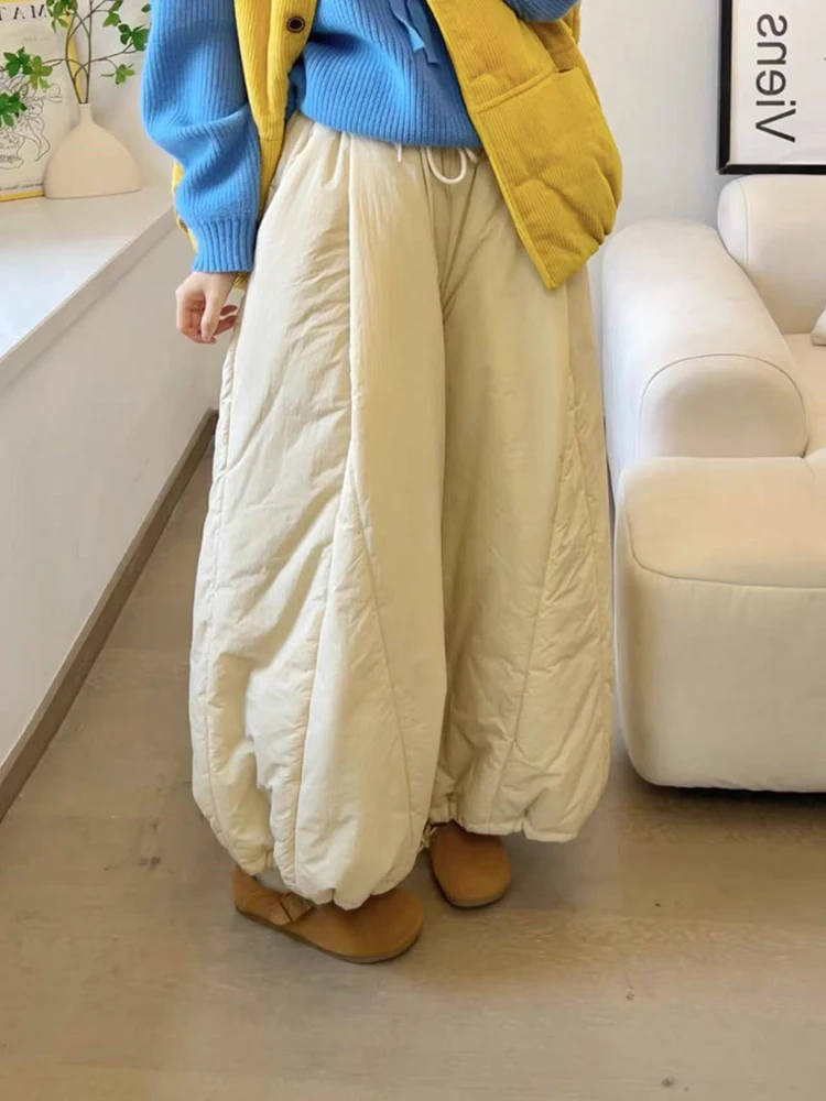 Японские женские широкие брюки большого размера, зимние толстые теплые свободные шаровары, брюки с высокой талией и завязками, универсальные прямые брюки