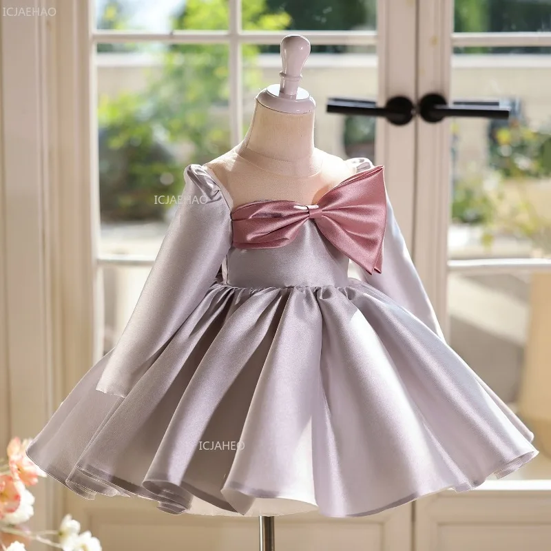 Kids First Birthday Princess Ball Gown Long Sleeve Puffy Dress forParty Formal Children Dresses Girls Piano Performance Host