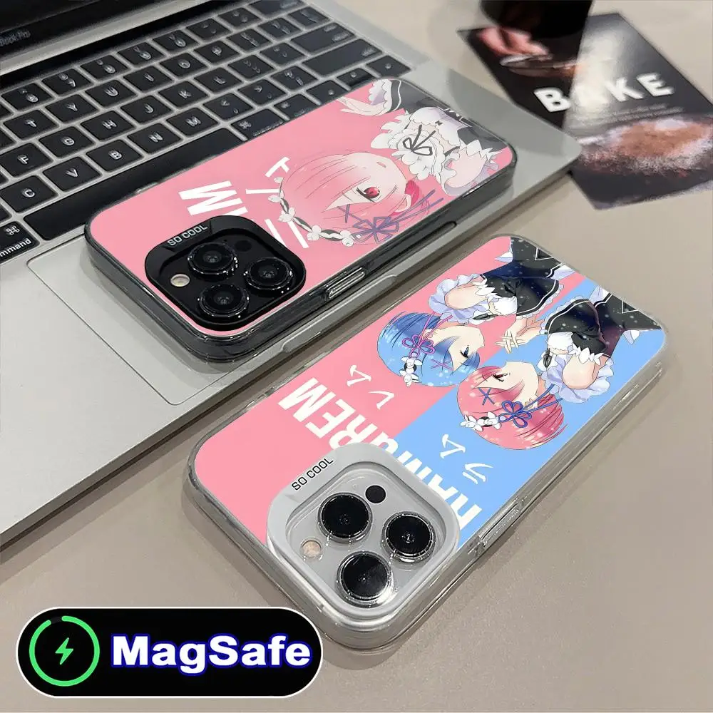

Чехол для телефона REM RAM Emilia Waifu для iPhone 16, 15, 14, 13, 12, 11 Pro Max Plus MagSafe, полупрозрачный цветной принт, роскошный красивый чехол