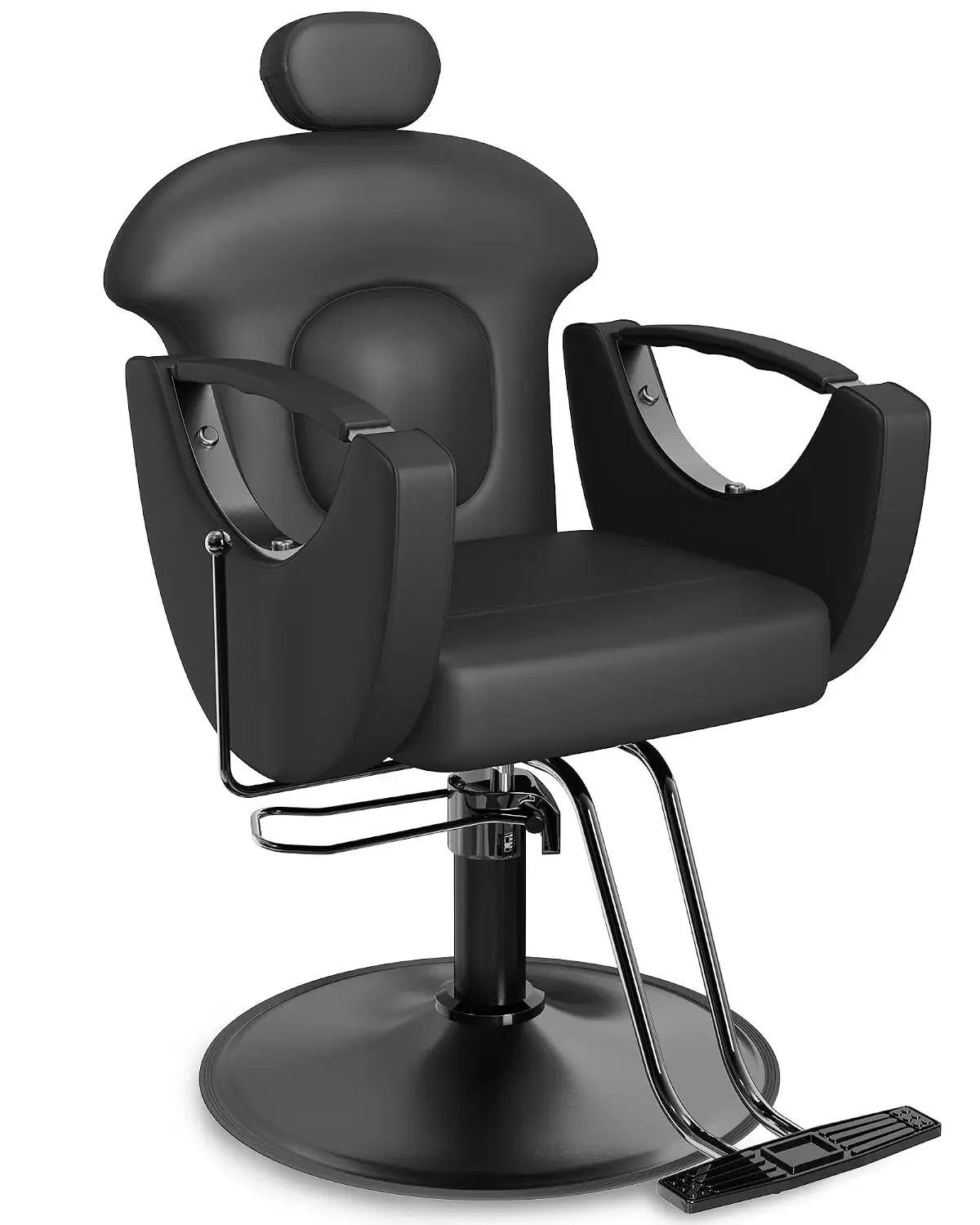 Ergonomic Reclining Salon Chair with Adjustable & Removable Headrest, All Black Hydraulic Styling Chair, Soft PU, Custom