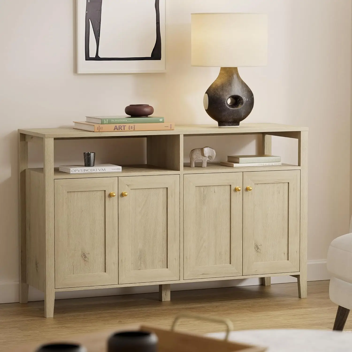 

Farmhouse TV Stand with 4 Doors, 47" Buffet Sideboard Storage Cabinet with Open Shelf and Adjustable Shelf, Boho Media T