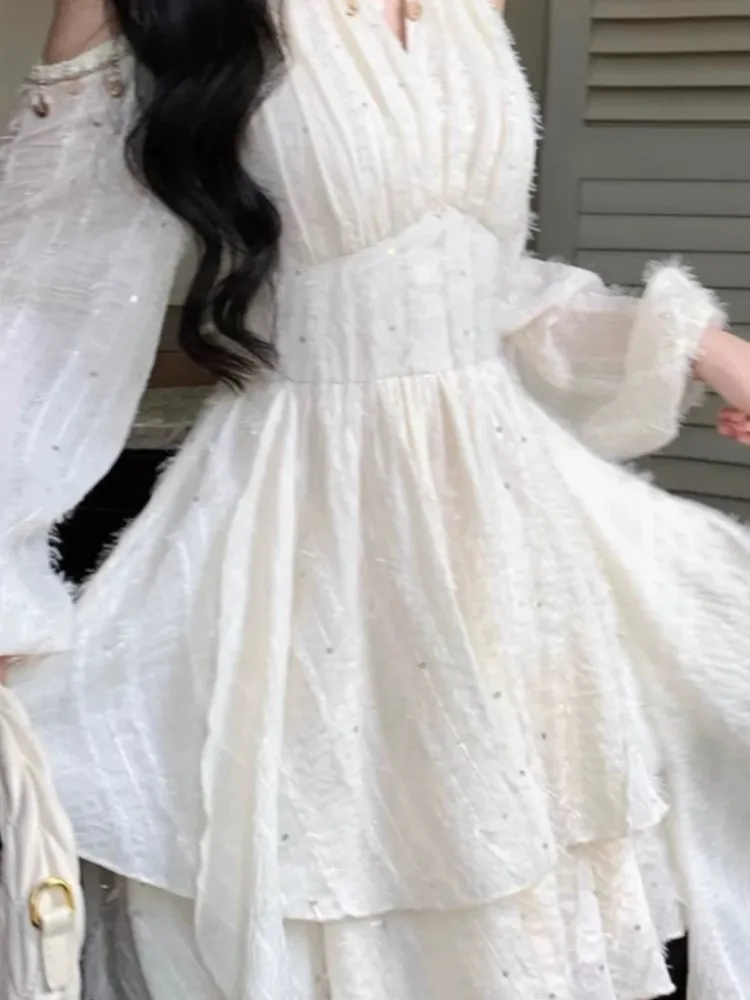 أنيقة الحلو الرسن الكشكشة فساتين متوسطة الطول الخريف Vestidos Mujer الكورية الجديدة المرأة الصلبة الجنية كم طويل ألف خط مطوي فستان