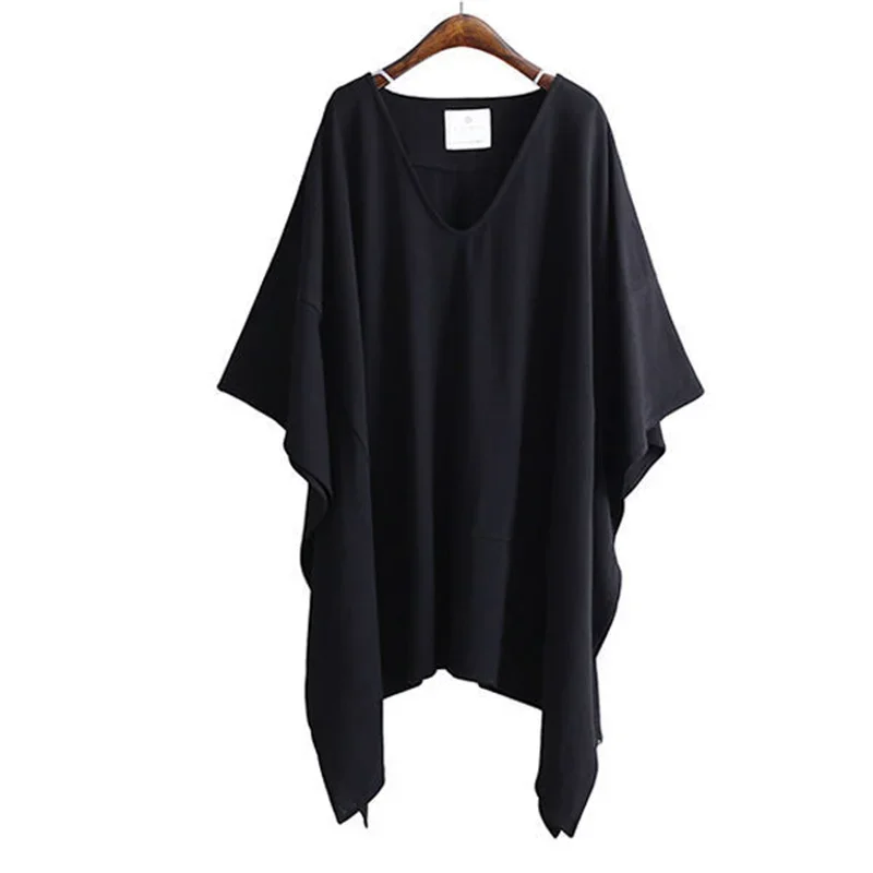 TPJB Summer Fashion Chic V-neck Irregular Black T-shirts Casual Loose Women\'s Clothing Batwing Sleeve Oversized 5XL Tops Female